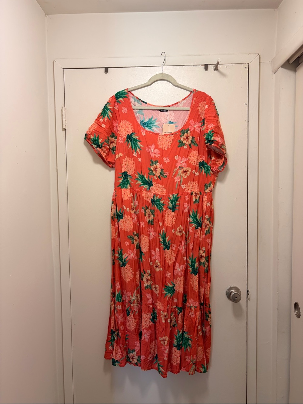 Coral Floral Short-Sleeve Midi Dress